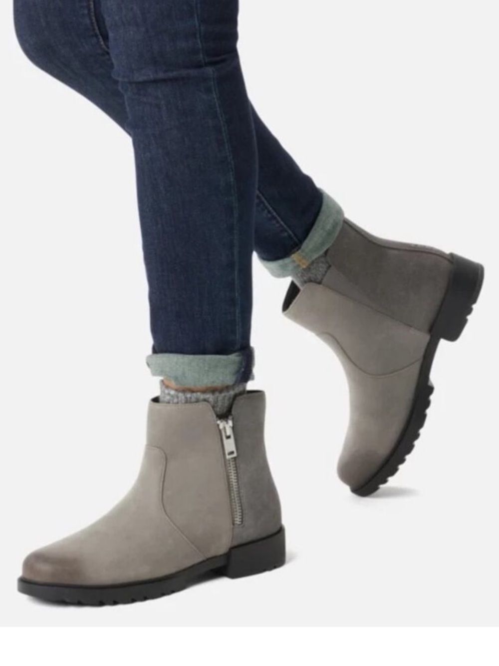 Sorel Emelie II Zip Bootie in Quarry Black Waterproof Full Grain Leather Sz 7.5
